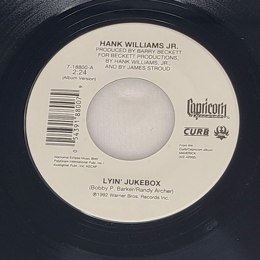 Hank Williams Jr Lyin Jukebox / Fax Me A Beer 45 RPM 1992 Capricorn 7-18800